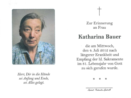 Totenbild von Frau Bauer Katharina