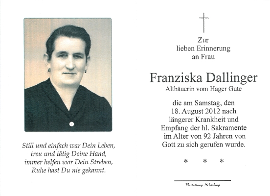 Totenbild der Frau Dallinger Franziska
