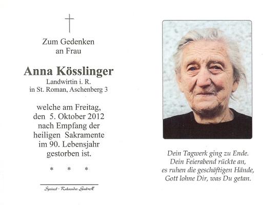 Totenbild von Frau Anna Kösslinger