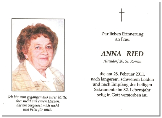 Foto der Verstorbenen Frau Ried Anna mit Text