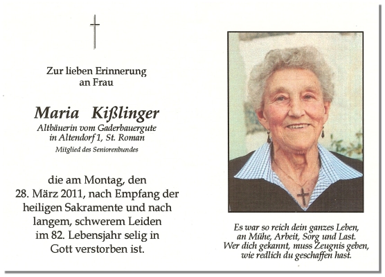 Foto der Verstorbenen Kißlinger Maria mit Text