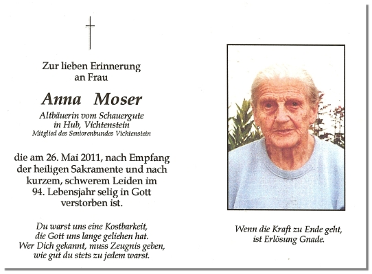 Foto der Verstorbenen Moser Anna mit Text