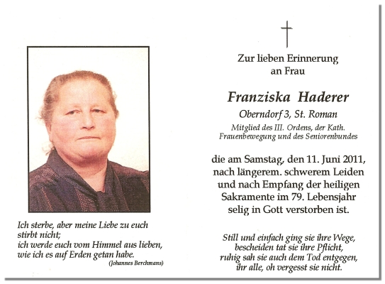Foto der Verstorbenen Haderer Franziska mit Text