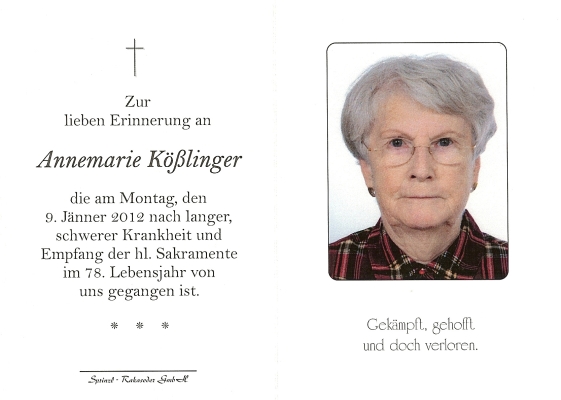 Totenbild von Frau Annemarie Kößlinger