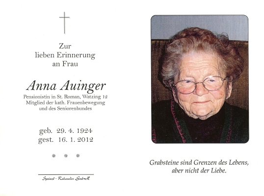 Totenbild von Frau Auinger Anna