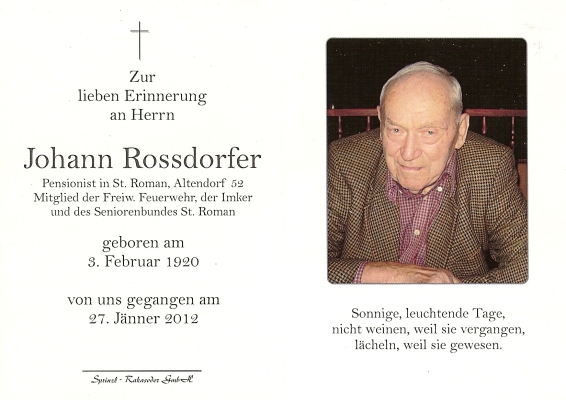 Totenbild des Herrn Johann Rossdorfer mit Text