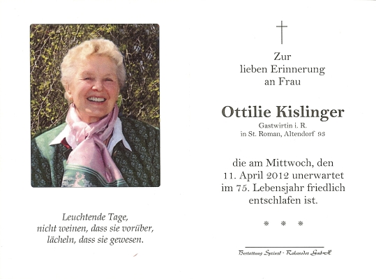 Totenbild von Frau Kislinger Ottilie