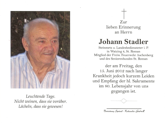 Totenbild des Herrn Stadler Johann
